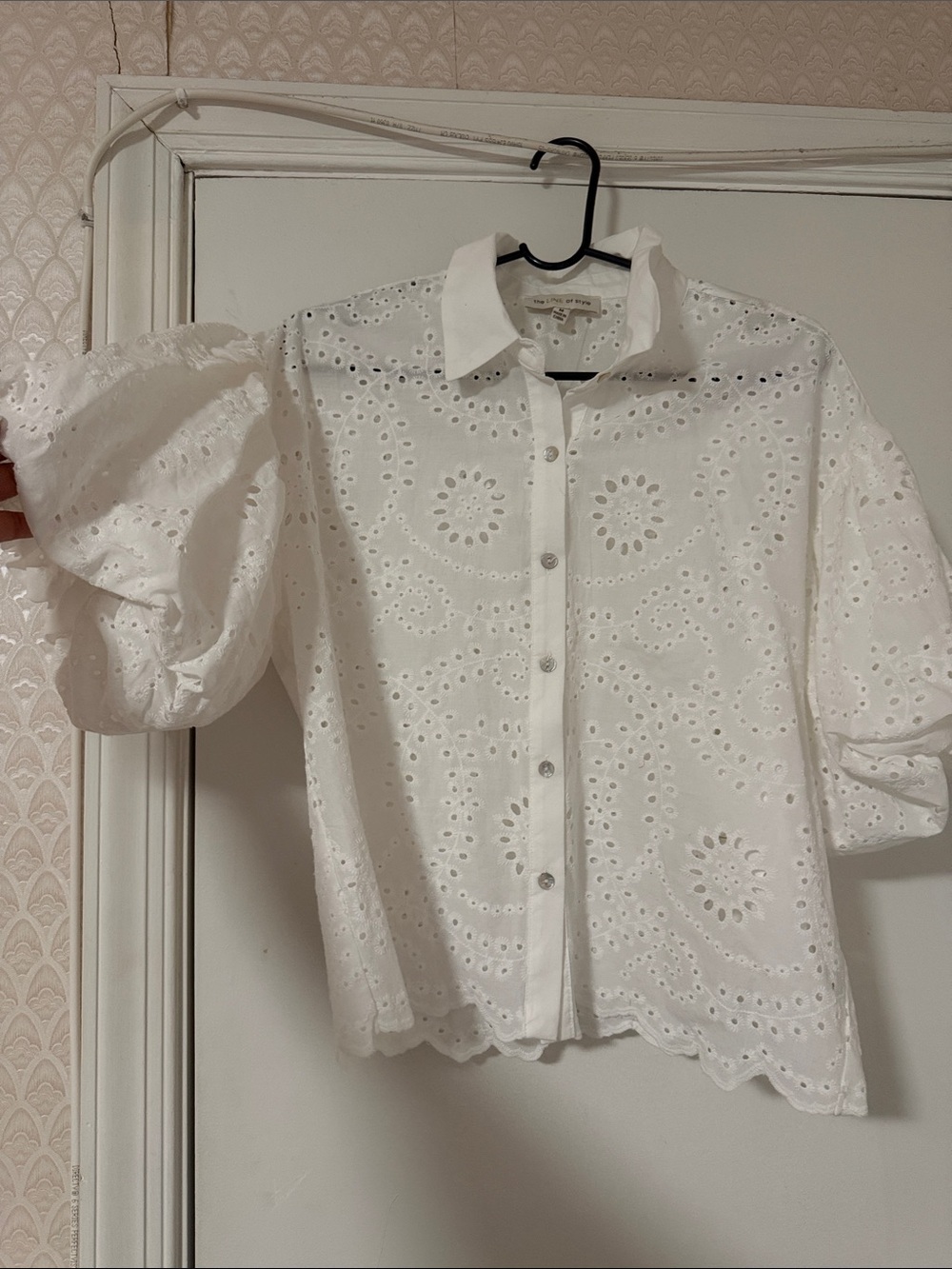 Eyelet Puff-Sleeve Button-Down Blouse - White